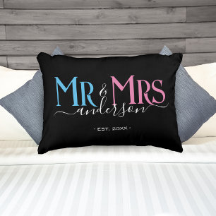 Mr & Mrs Newlywed Couple Wedding Anniversary Black Accent Pillow