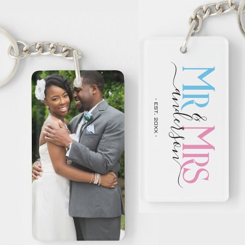 Mr  Mrs Newlywed Couple Wedding Anniversary Photo Keychain