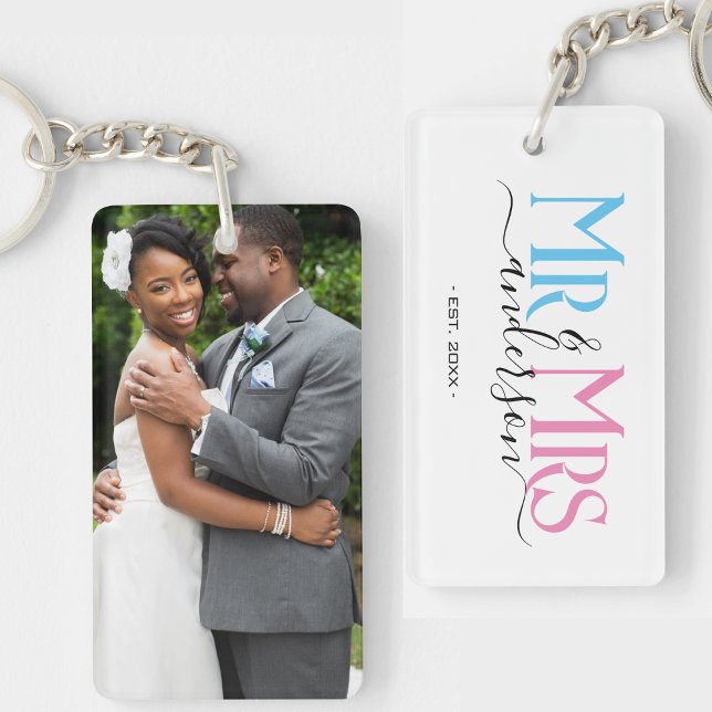 Mr & Mrs Newlywed Couple Wedding Anniversary Photo Keychain (newlywed couple mr and mrs keychain with photo)