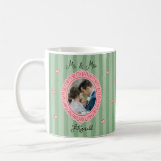 Mr. & Mrs. Newlywed Green Striped Pink Photo Coffee Mug