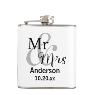 Mr. & Mrs. Newlywed Last Name with Wedding Date Flask
