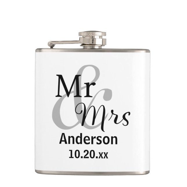 Mr. & Mrs. Newlywed Last Name with Wedding Date Flask (Front)