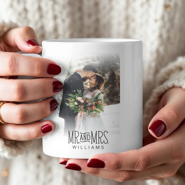 Mr. & Mrs. Newlywed Photo Coffee Mug (This newlywed mug features hand-lettered Mr. and Mrs. font along with a photo.)