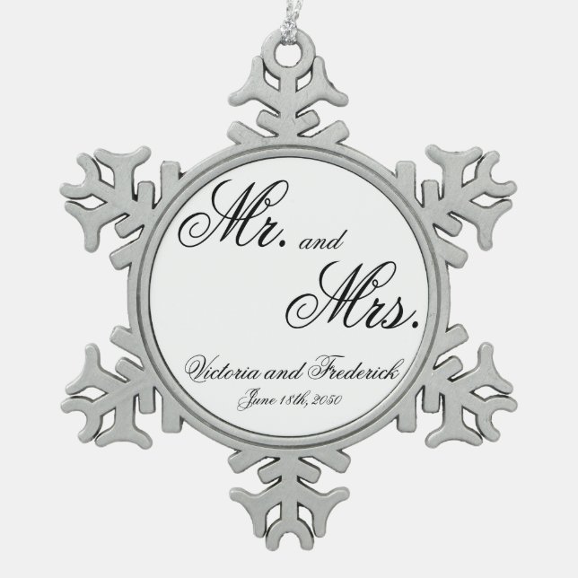Mr. & Mrs. Newlywed Snowflake Pewter Christmas Ornament (Front)