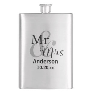 Mr. & Mrs. Newlywed Surname with Wedding Date Flas Flask