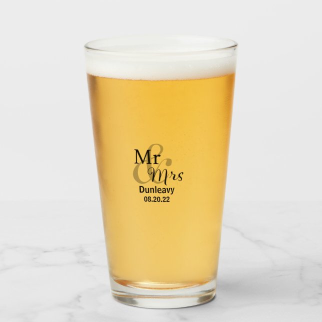 Mr. & Mrs. Newlywed Surname with Wedding Date Glass (Front Filled)