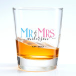 Mr & Mrs Newlywed Wedding Favor Shot Glass<br><div class="desc">Celebrate your holy matrimony with this cute Mr. and Mrs. wedding party favor shot glass for a newlywed couple. Customize it by adding your last name / surname and wedding anniversary year date. Pink, blue and black elegant font. Great for a bridal shower or anniversary / wedding reception dinner party...</div>