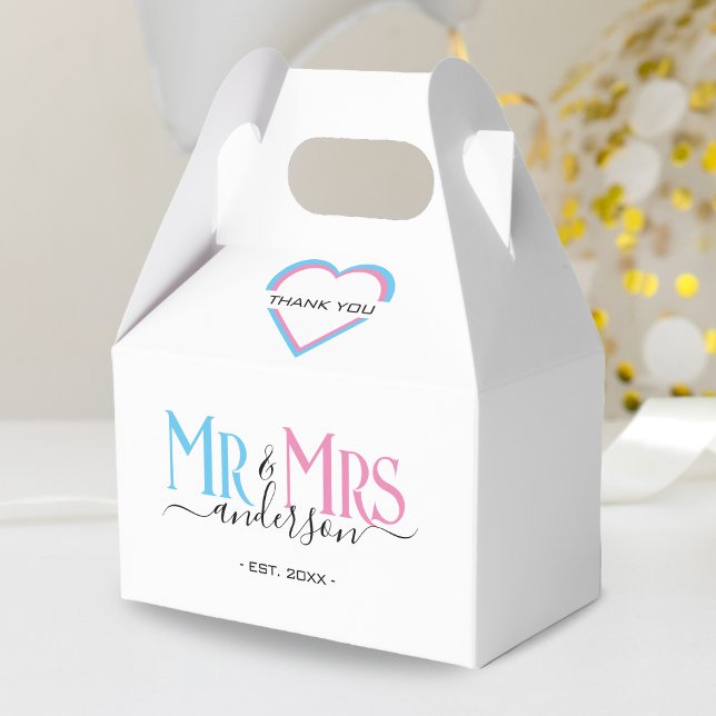 Mr & Mrs Newlywed Wedding Favor Thank You Boxes (pink & blue mr and mrs thank you wedding favor box)