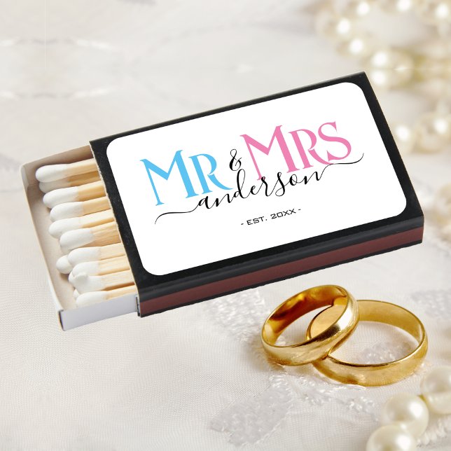 Mr & Mrs Newlywed Wedding Favor Thank You Matchboxes (pink and blue mr and mrs wedding favor matches)