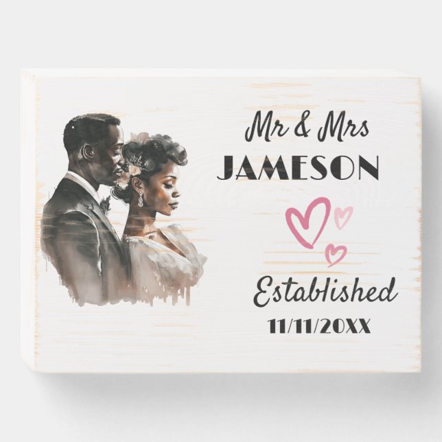 Mr & Mrs Newlyweds Black Couple Personalized Wooden Box Sign (Front Horizontal)