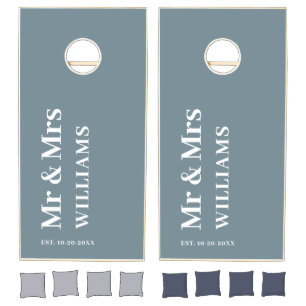 Mr Mrs Newlyweds Dusty Blue Monogram Wedding  Cornhole Set