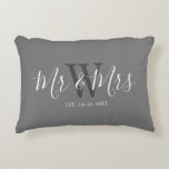 Mr Mrs Newlyweds Grey White Script Monogram Accent Pillow<br><div class="desc">Surprise a couple with this Mr And Mrs Newlyweds Grey White Script Monogram Accent Pillow. It is modern designed on both sides with grey background. The center has large dark grey monogram letter and the text is "mr and mrs" in white trendy hand lettered script. Established date is below the...</div>
