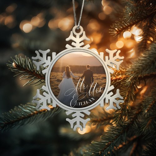 Mr  Mrs Newlyweds Photo Snowflake Pewter Christmas Ornament