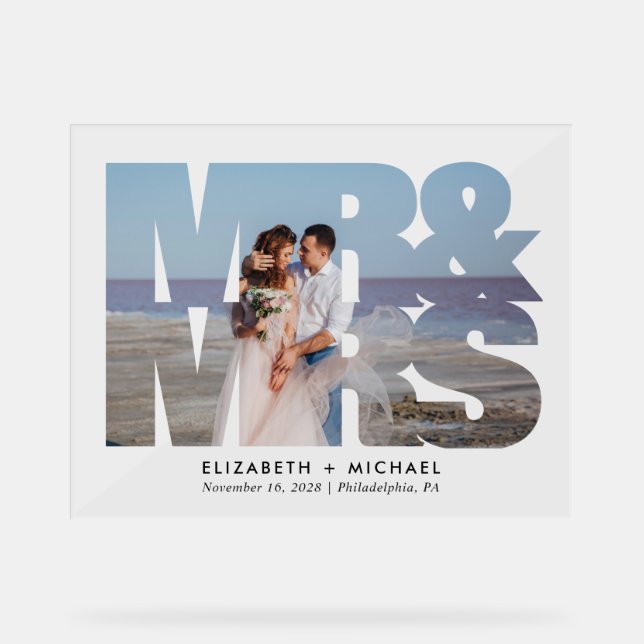 Mr Mrs Newlyweds Photo Wedding Acrylic Sign (Front)