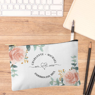 Mr mrs newlyweds rose gold floral greenery accessory pouch