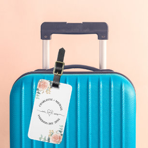 Mr mrs newlyweds rose gold florals greenery luggage tag