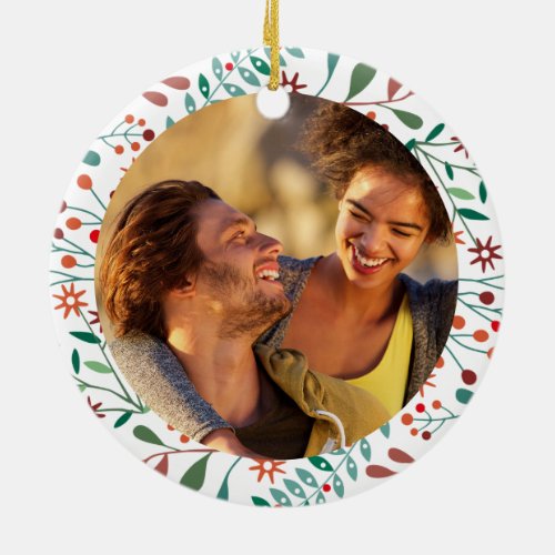 Mr Mrs Our First Christmas Holiday Floral Photo Ceramic Ornament
