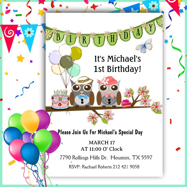 Mr & Mrs Party Owls 1st Birthday Invitation (Creator Uploaded)