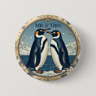 Mr & Mrs Penguin Couple Snow Winter Glacier Blue  Button