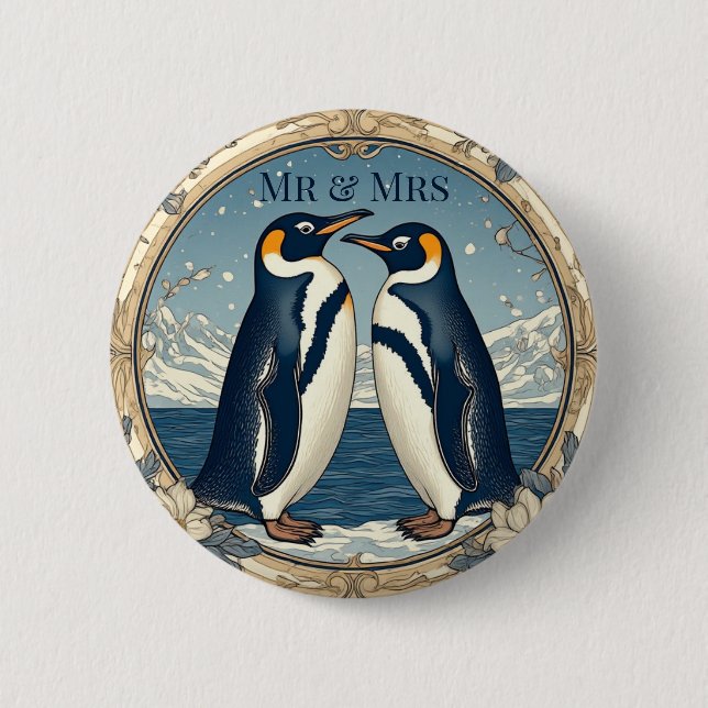 Mr & Mrs Penguin Couple Snow Winter Glacier Blue  Button (Front)