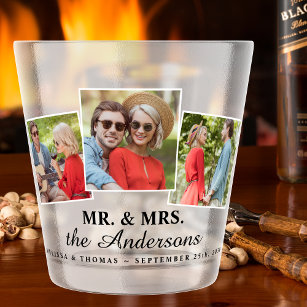 Mr & Mrs Personalized 3 Photo Newlywed Wedding Shot Glass