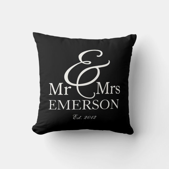 "Mr & Mrs" personalized black & white Throw Pillow (Front)