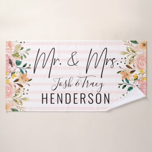 Mr  Mrs Personalized Names and Last Name Floral Bath Towel