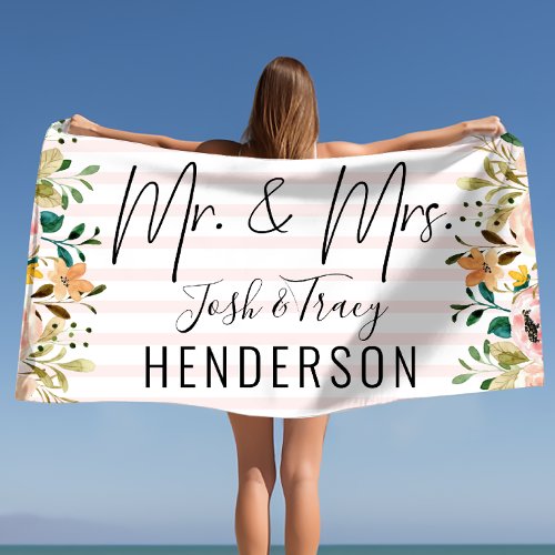 Mr  Mrs Personalized Names and Last Name Floral Beach Towel