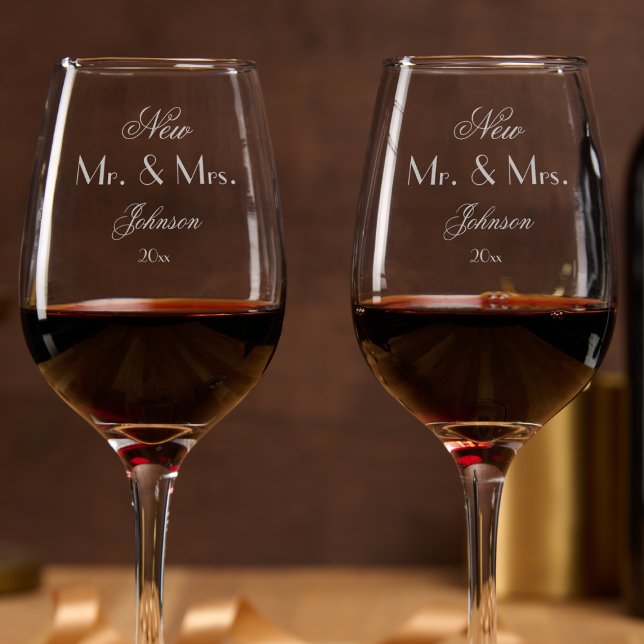 Mr & Mrs Personalized Newlywed Gift, Laser Etched Wine Glass (Laser engraved wine glasses for the New Mr & Mrs.)