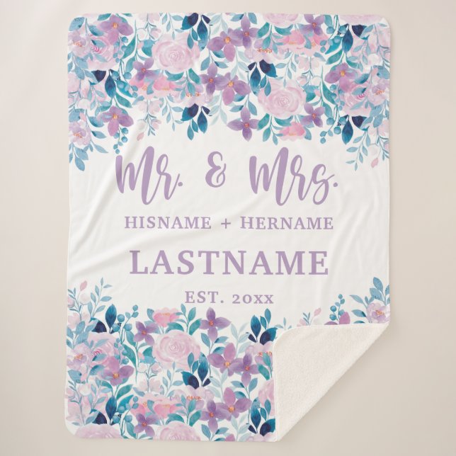 Mr & Mrs Personalized Sherpa Blanket with Flowers (Front)