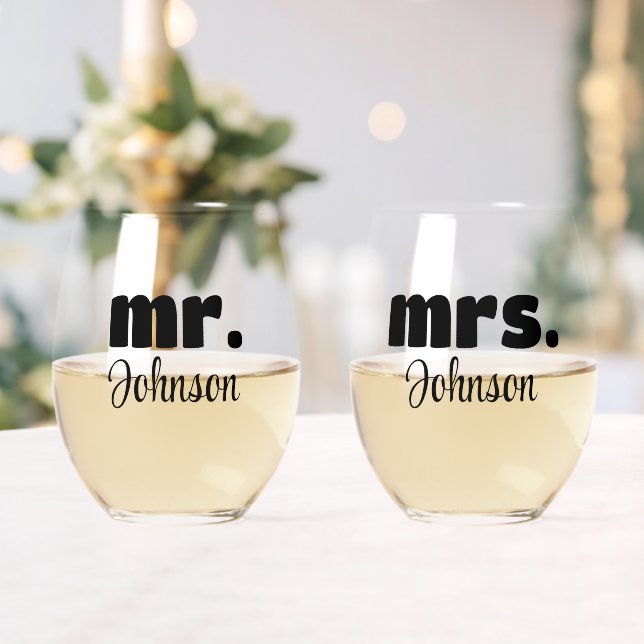 Mr. & Mrs. Personalized Wedding Chic Script Stemless Wine Glass (Insitu (Wedding))