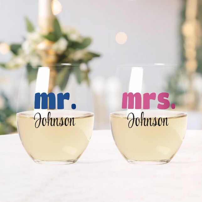 Mr. & Mrs. Personalized Wedding Chic Script Stemless Wine Glass (Insitu (Wedding))