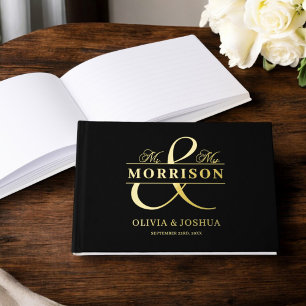 Mr Mrs Photo Black Elegant Modern Wedding Gold Foil Guest Book