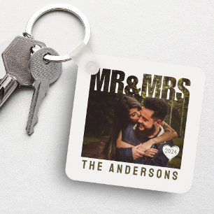 Mr & Mrs Photo Block Heart Anniversary Name Keychain