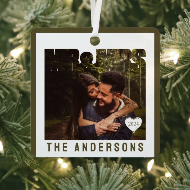 Mr & Mrs Photo Block Heart Anniversary Name Metal Ornament (Insitu)
