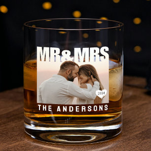 Mr & Mrs Photo Block Heart Anniversary Name Whiskey Glass