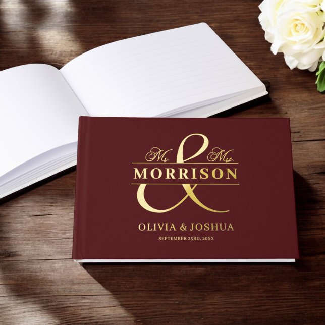 Mr Mrs Photo Burgundy Elegant Modern Wedding Gold Foil Guest Book (Creator Uploaded)