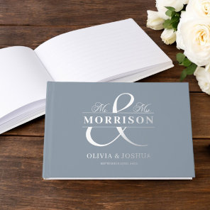 Mr Mrs Photo Dusty Blue Elegant Wedding Silver Foil Guest Book