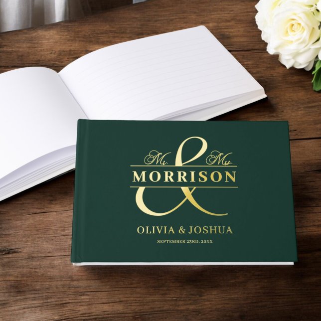 Mr Mrs Photo Emerald Green Elegant Wedding Gold Foil Guest Book (Creator Uploaded)