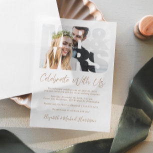 Mr Mrs Photo Gold Script Wedding Reception Vellum Invitations