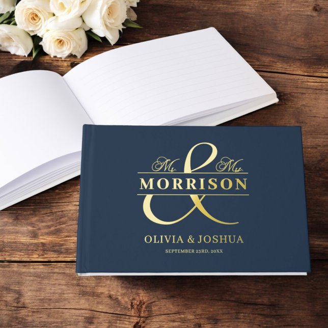 Mr Mrs Photo Navy Blue Elegant Modern Wedding Gold Foil Guest Book (Creator Uploaded)
