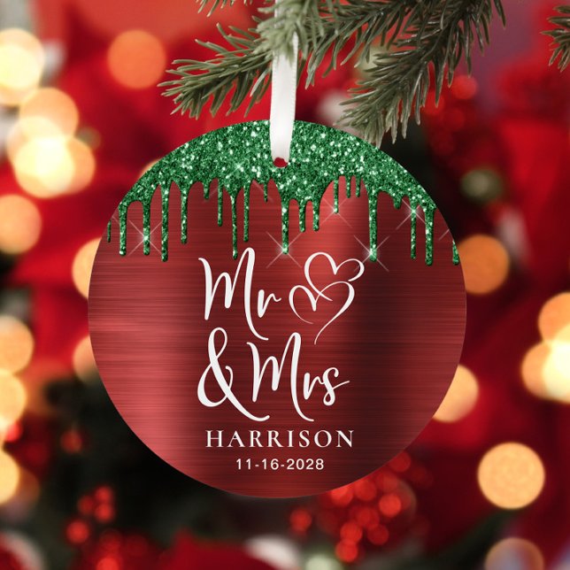 Mr Mrs Photo Red Green Glitter Newlywed Christmas Metal Ornament (Creator Uploaded)