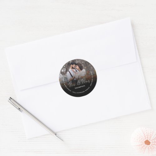 Mr Mrs Photo Return Name Address Wedding Black Classic Round Sticker