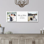 Mr & Mrs Photo Script Names Wedding Date Keepsake Canvas Print<br><div class="desc">Personalized wedding keepsake. A professional presentation of 2 of your beautiful wedding photos, with "Mr. & Mrs, " your married name in hand lettering, and your wedding date in the middle, in black and gray type. The white background really makes your photos pop, and goes well with many different interior...</div>