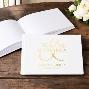 Mr Mrs Photo White Elegant Modern Wedding Gold Foil Guest Book