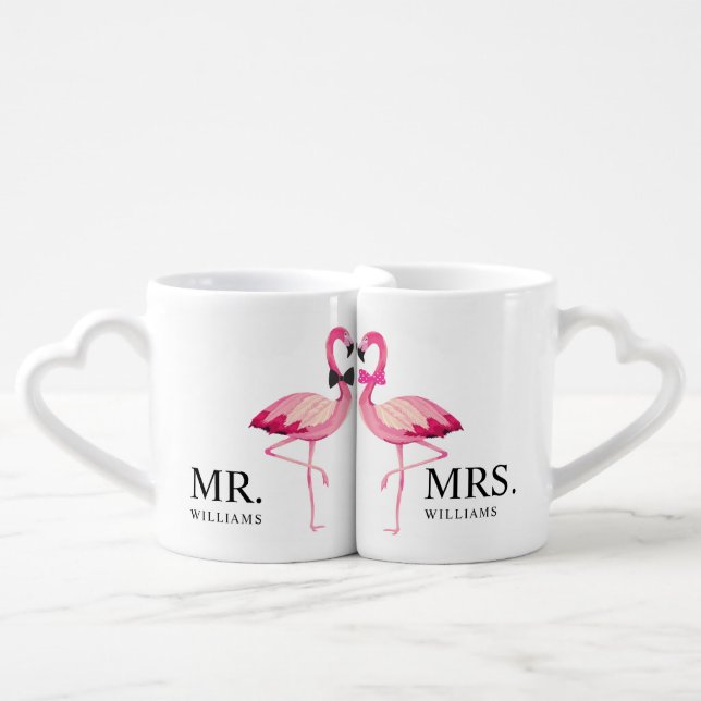 Mr & Mrs Pink Flamingo Newlyweds Wedding Coffee Mug Set (Front Nesting)