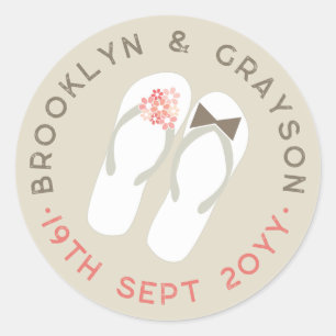 Mr & Mrs Pink Flowers Flip Flops Beach Wedding Classic Round Sticker