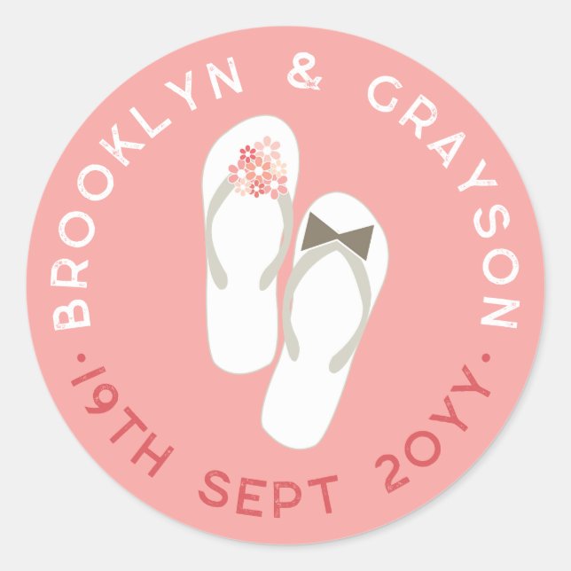 Mr & Mrs Pink Flowers Flip Flops Beach Wedding Classic Round Sticker (Front)