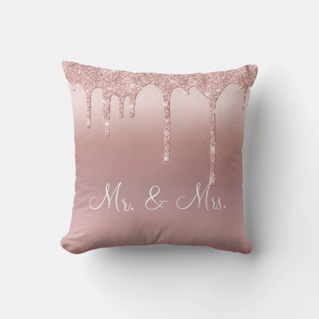Mr. & Mrs. Pink Glitter Elegant Wedding Throw Pillow (Front)