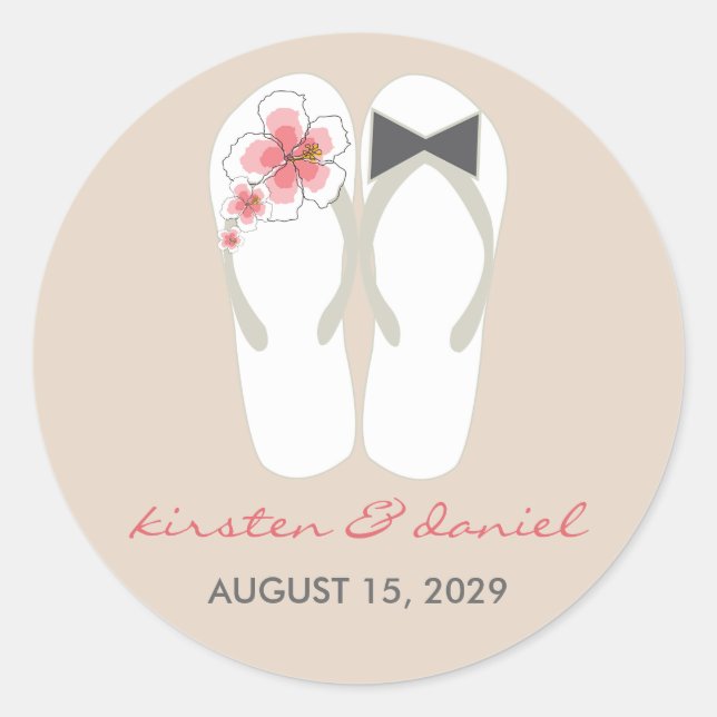 Mr & Mrs Pink Hibiscus Flip Flops Beach Wedding Classic Round Sticker (Front)